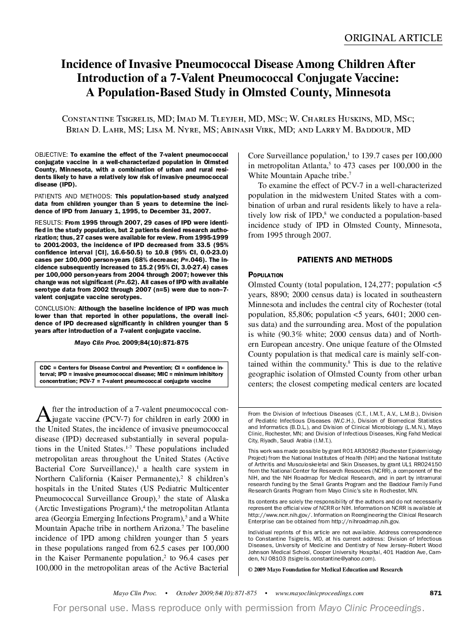 Incidence of Invasive Pneumococcal Disease Among Children After Introduction of a 7-Valent Pneumococcal Conjugate Vaccine: A Population-Based Study in Olmsted County, Minnesota