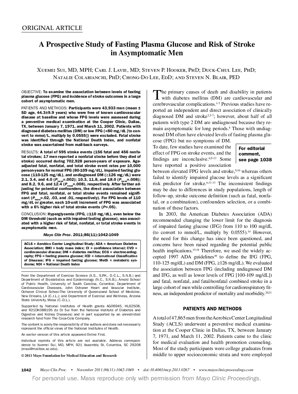 A Prospective Study of Fasting Plasma Glucose and Risk of Stroke in Asymptomatic Men