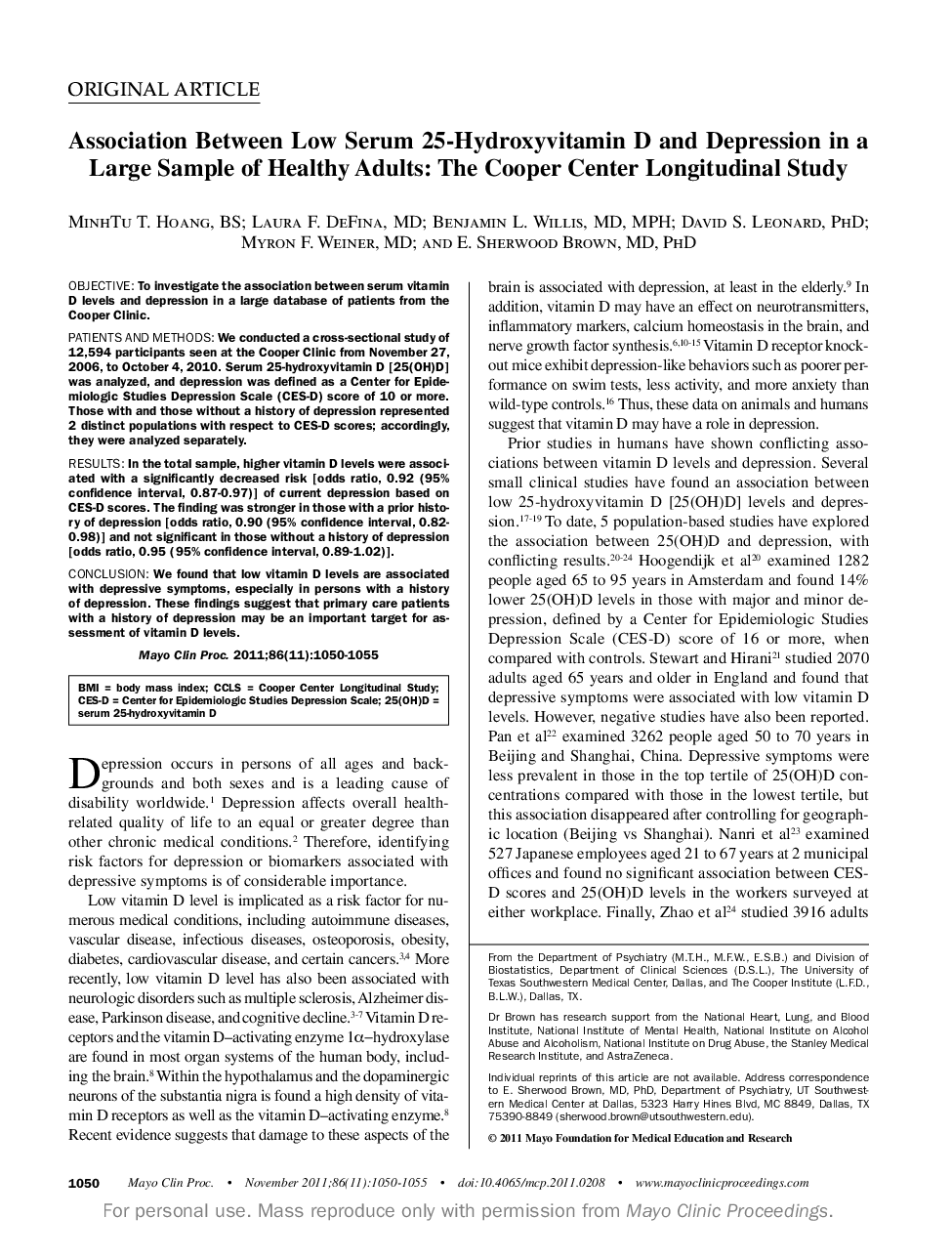 Association Between Low Serum 25-Hydroxyvitamin D and Depression in a Large Sample of Healthy Adults: The Cooper Center Longitudinal Study