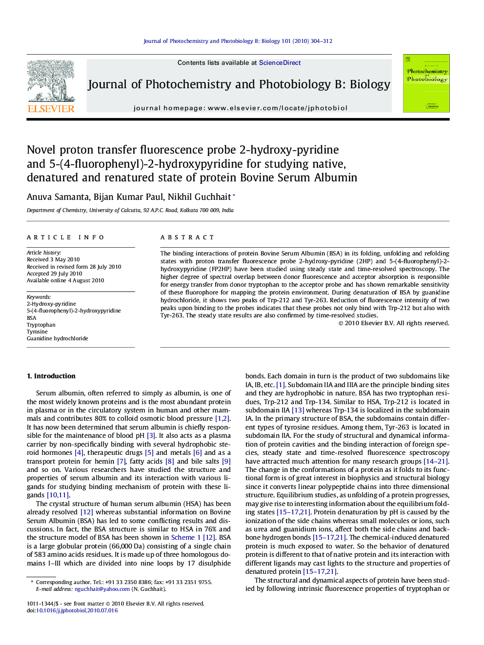 Novel proton transfer fluorescence probe 2-hydroxy-pyridine and 5-(4-fluorophenyl)-2-hydroxypyridine for studying native, denatured and renatured state of protein Bovine Serum Albumin