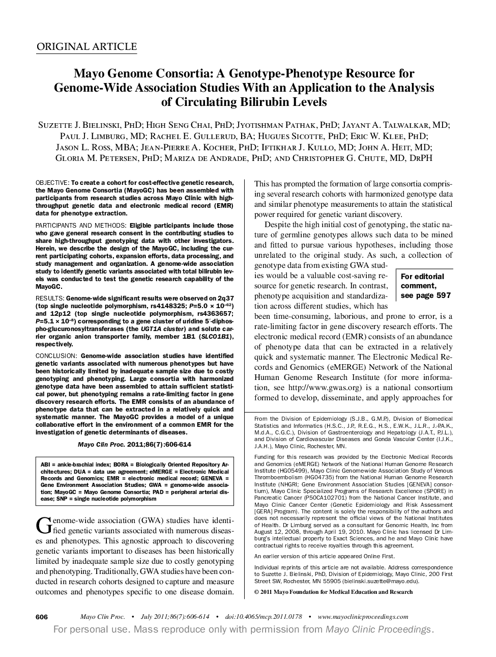 Mayo Genome Consortia: A Genotype-Phenotype Resource for Genome-Wide Association Studies With an Application to the Analysis of Circulating Bilirubin Levels