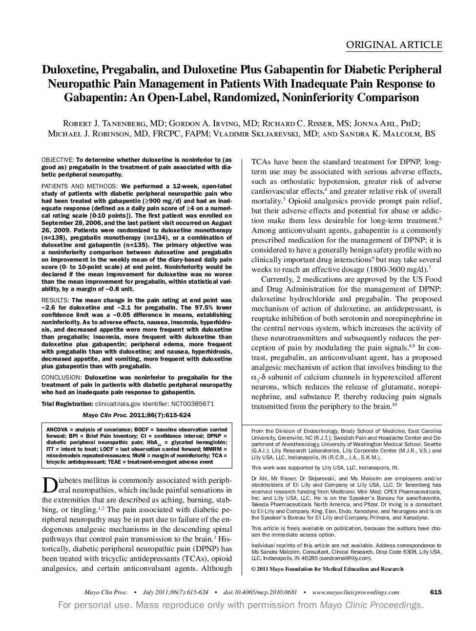 Duloxetine, Pregabalin, and Duloxetine Plus Gabapentin for Diabetic Peripheral Neuropathic Pain Management in Patients With Inadequate Pain Response to Gabapentin: An Open-Label, Randomized, Noninferiority Comparison