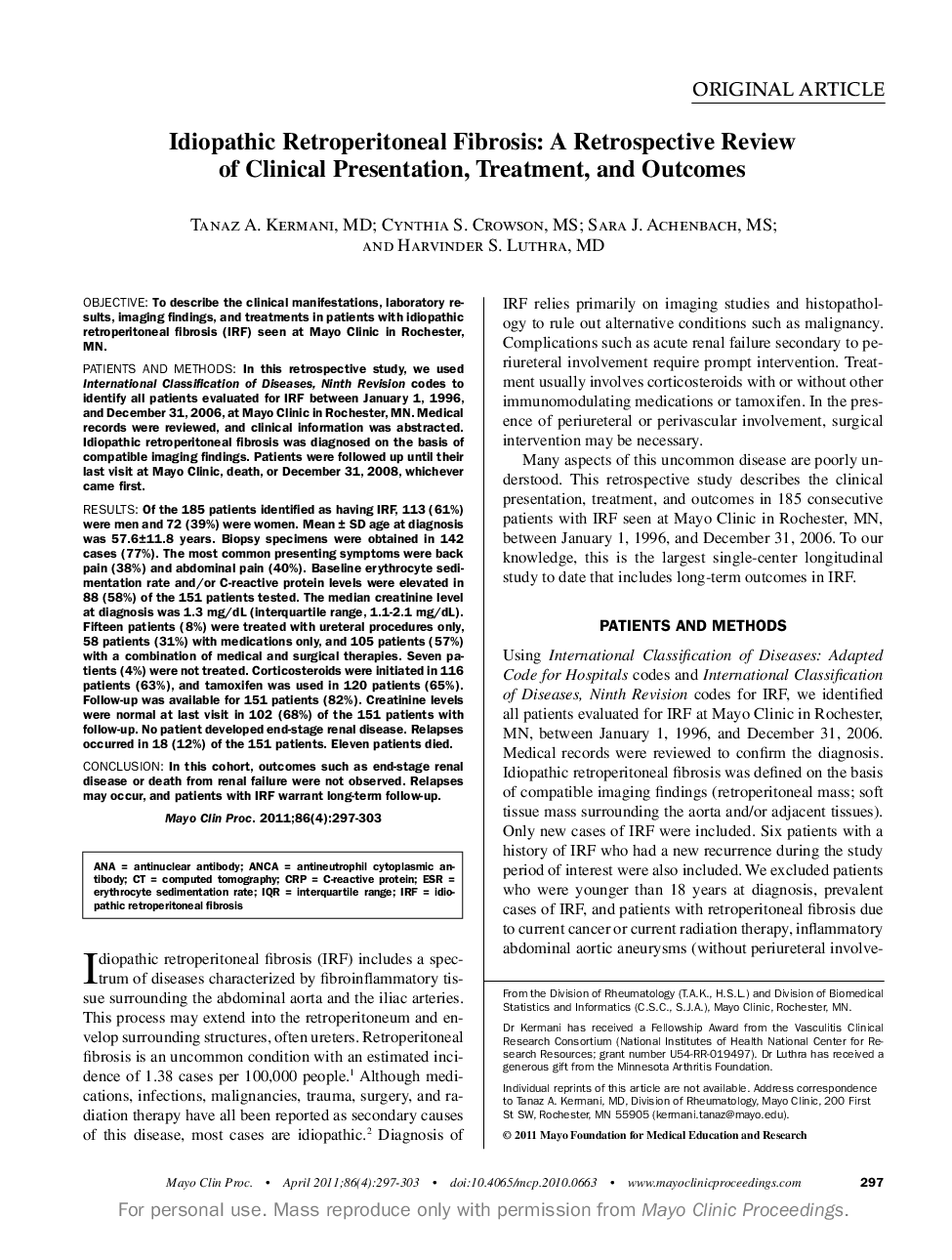 Idiopathic Retroperitoneal Fibrosis: A Retrospective Review of Clinical Presentation, Treatment, and Outcomes