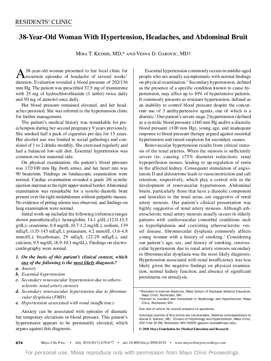 38-Year-Old Woman With Hypertension, Headaches, and Abdominal Bruit