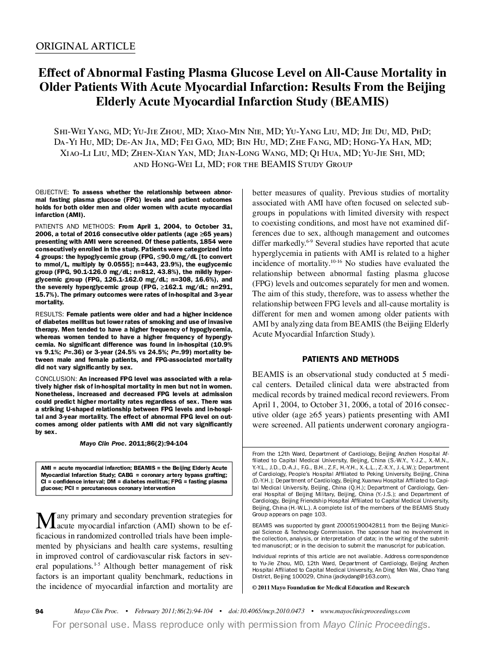 Effect of Abnormal Fasting Plasma Glucose Level on All-Cause Mortality in Older Patients With Acute Myocardial Infarction: Results From the Beijing Elderly Acute Myocardial Infarction Study (BEAMIS)