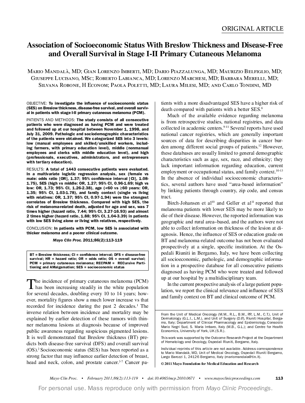 Association of Socioeconomic Status With Breslow Thickness and Disease-Free and Overall Survival in Stage I-II Primary Cutaneous Melanoma