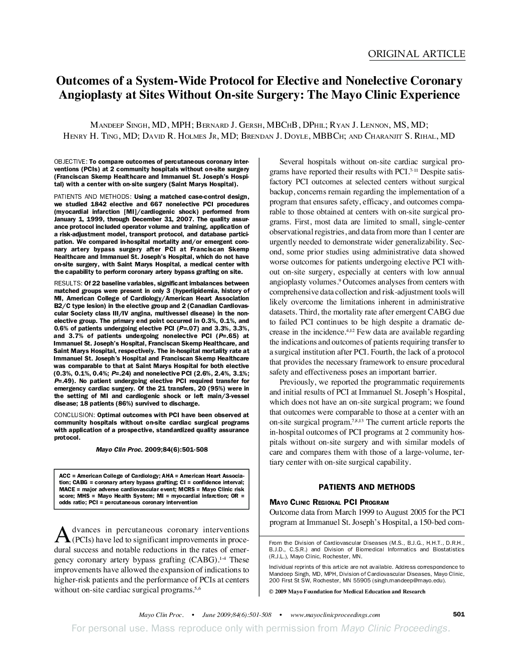 Outcomes of a System-Wide Protocol for Elective and Nonelective Coronary Angioplasty at Sites Without On-site Surgery: The Mayo Clinic Experience