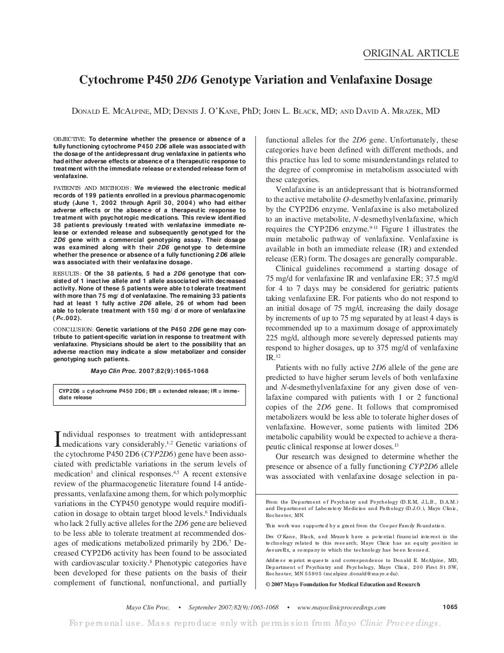 Cytochrome P450 2D6 Genotype Variation and Venlafaxine Dosage