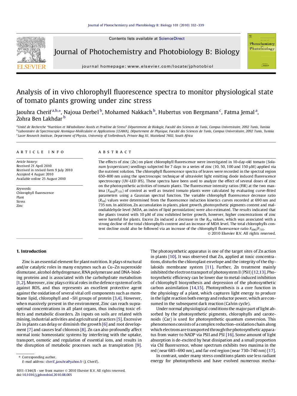 Analysis of in vivo chlorophyll fluorescence spectra to monitor physiological state of tomato plants growing under zinc stress