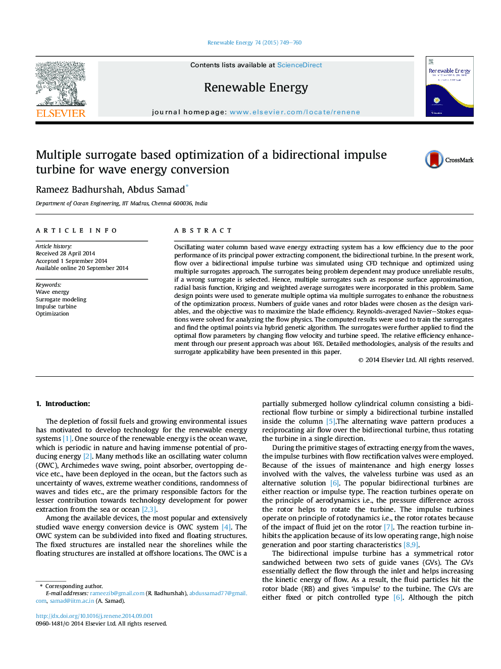 Multiple surrogate based optimization of a bidirectional impulse turbine for wave energy conversion