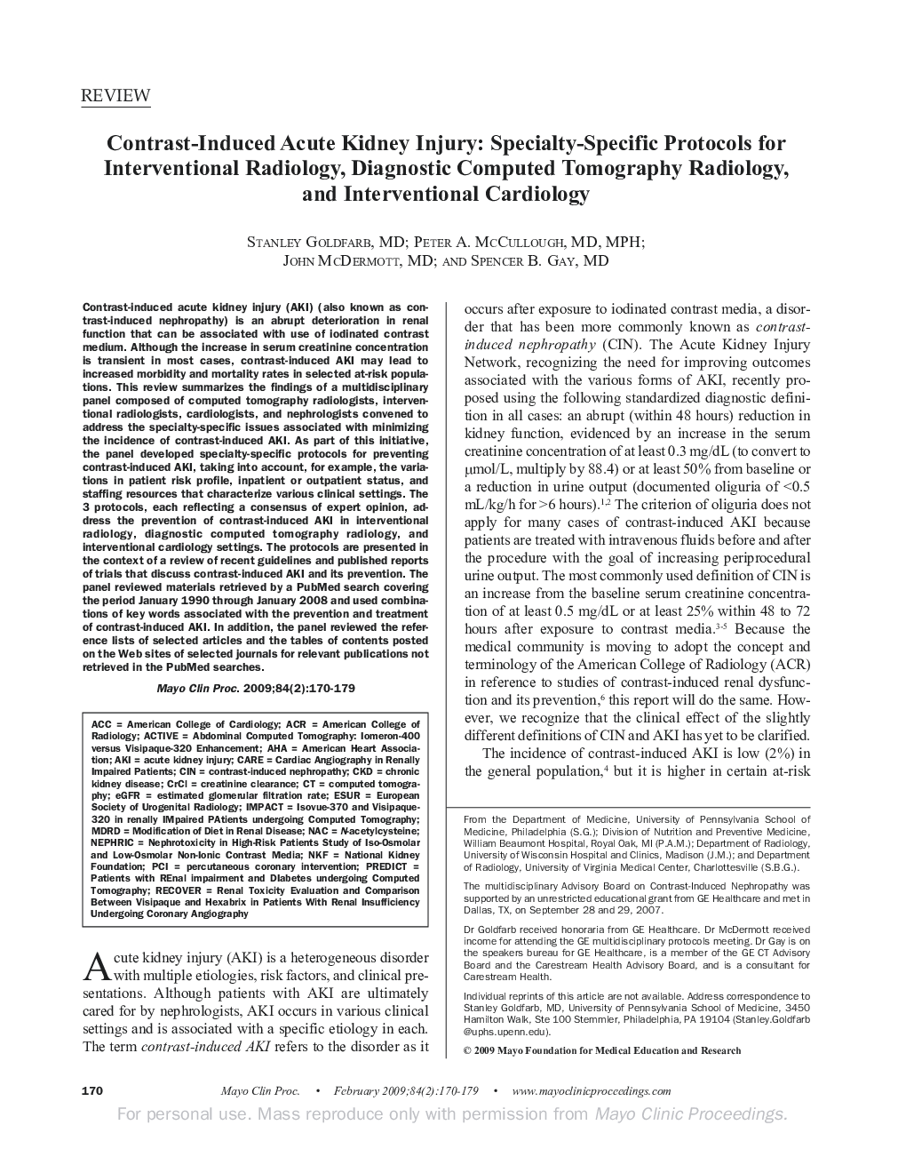 Contrast-Induced Acute Kidney Injury: Specialty-Specific Protocols for Interventional Radiology, Diagnostic Computed Tomography Radiology, and Interventional Cardiology