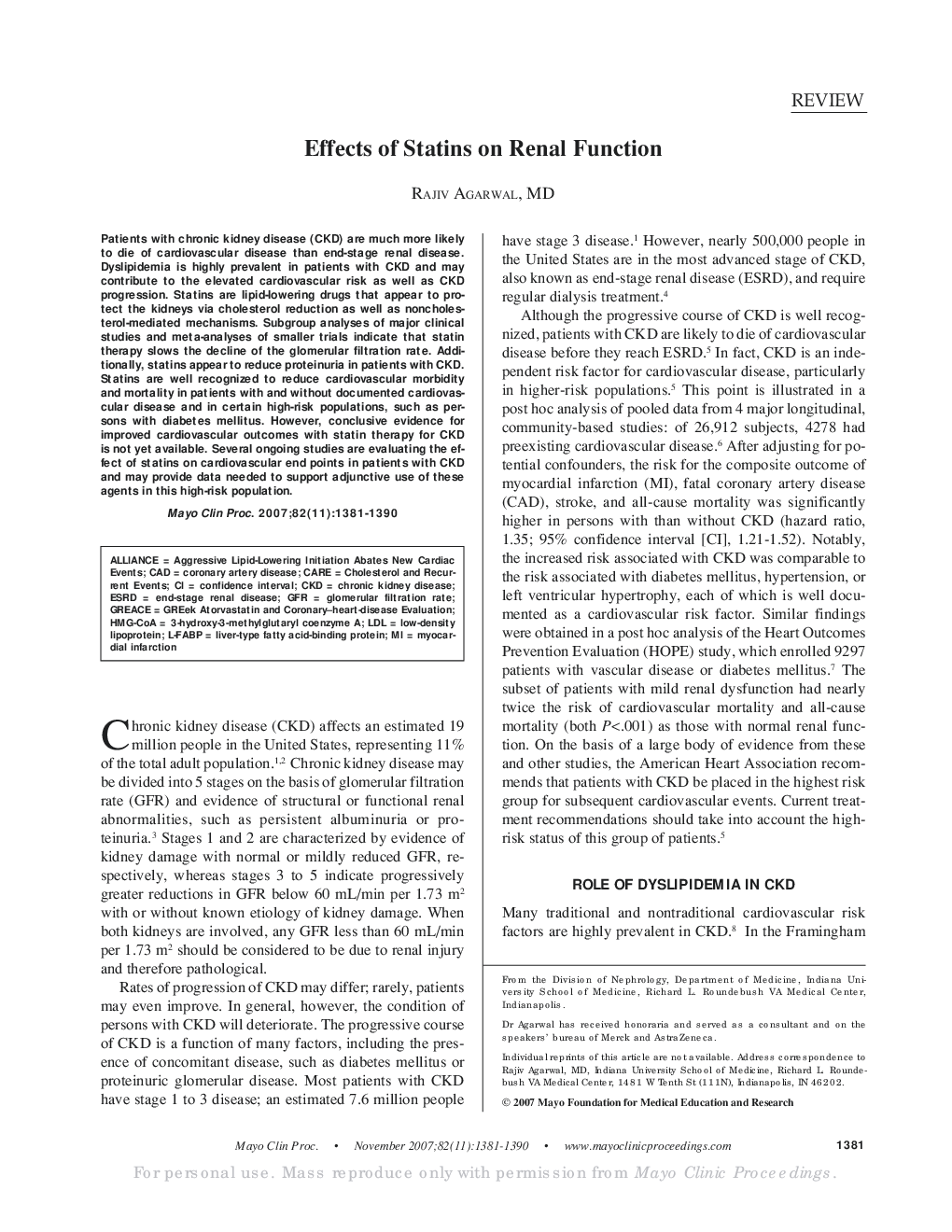 Effects of Statins on Renal Function