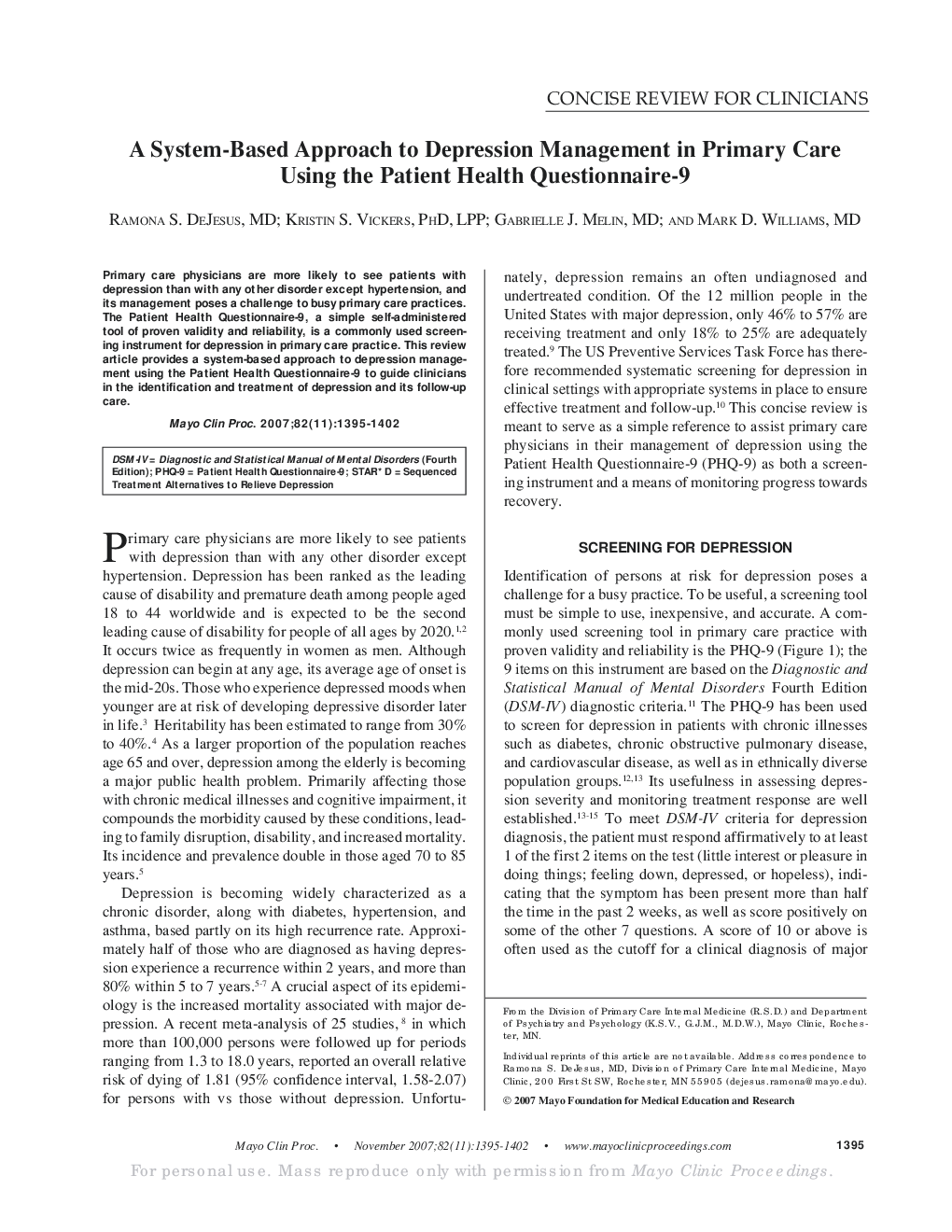 A System-Based Approach to Depression Management in Primary Care Using the Patient Health Questionnaire-9