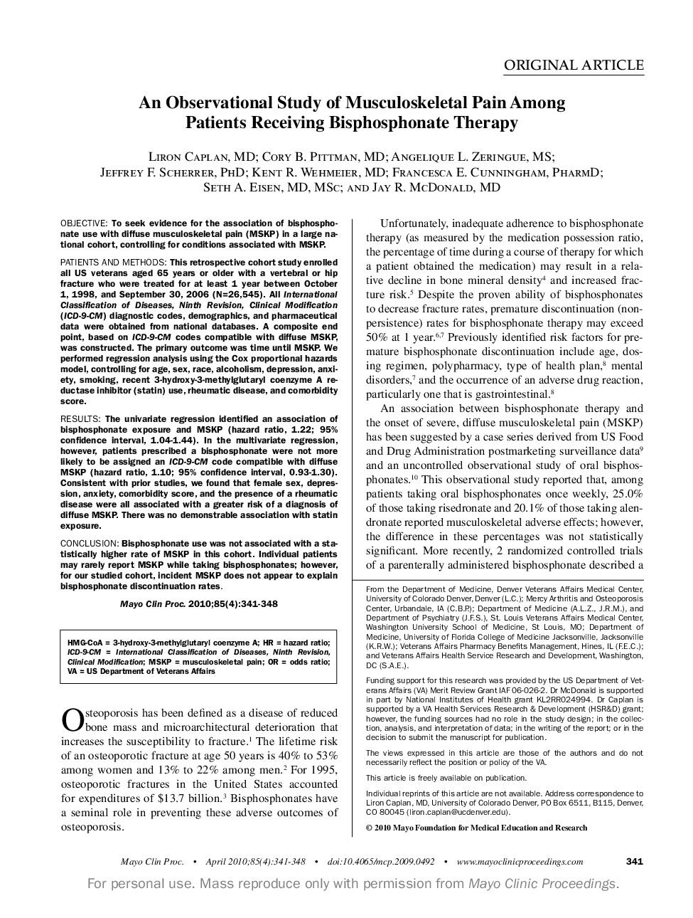 An Observational Study of Musculoskeletal Pain Among Patients Receiving Bisphosphonate Therapy