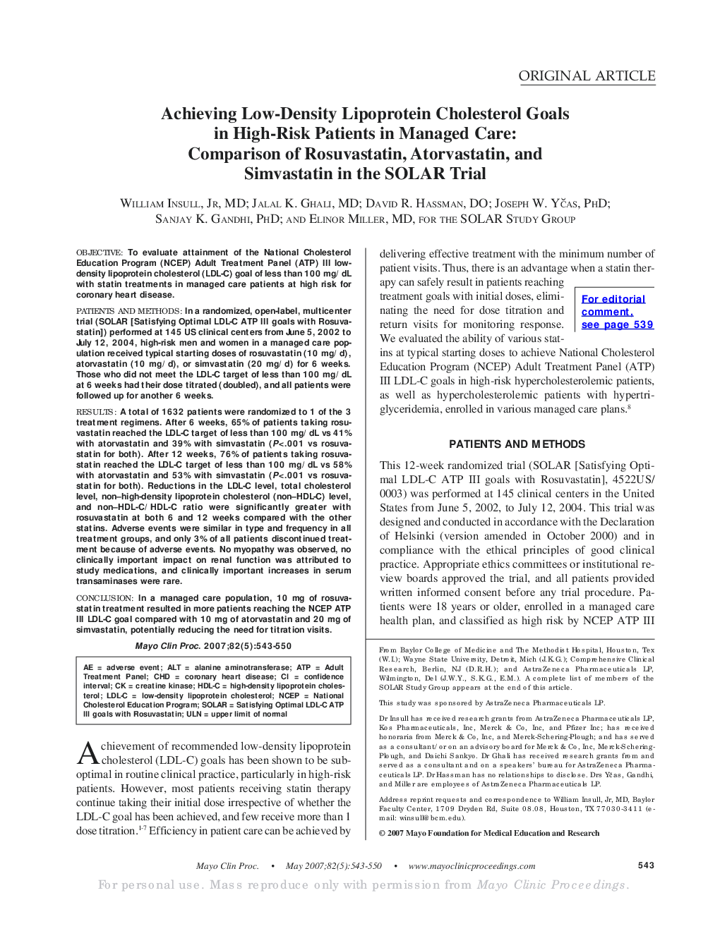 Achieving Low-Density Lipoprotein Cholesterol Goals in High-Risk Patients in Managed Care: Comparison of Rosuvastatin, Atorvastatin, and Simvastatin in the SOLAR Trial