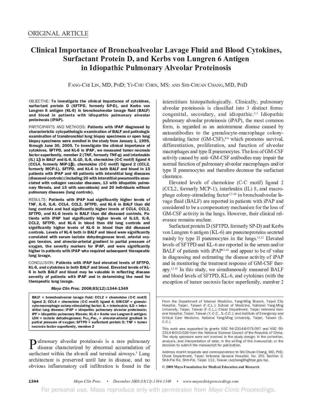 Clinical Importance of Bronchoalveolar Lavage Fluid and Blood Cytokines, Surfactant Protein D, and Kerbs von Lungren 6 Antigen in Idiopathic Pulmonary Alveolar Proteinosis