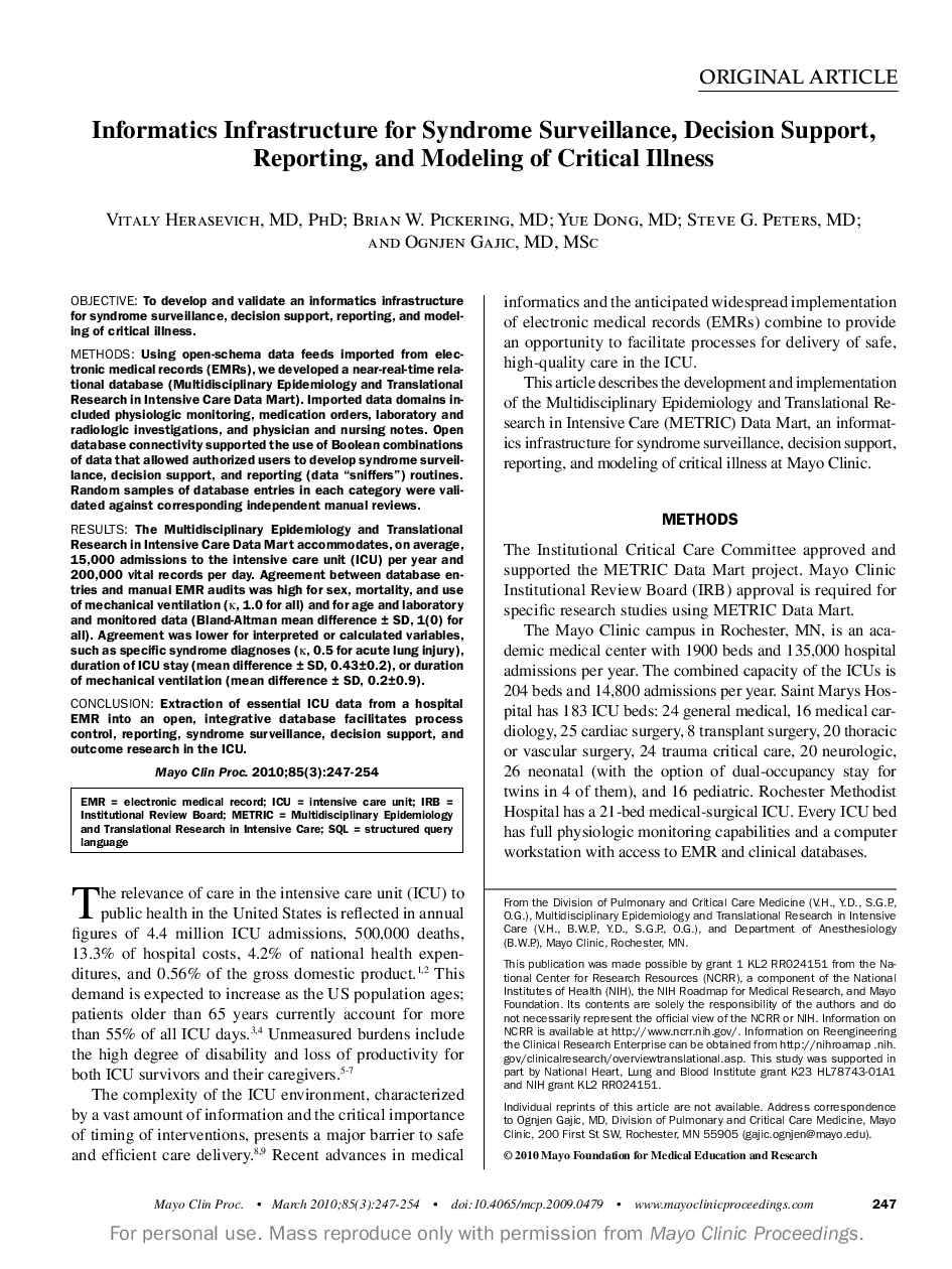 Informatics Infrastructure for Syndrome Surveillance, Decision Support, Reporting, and Modeling of Critical Illness