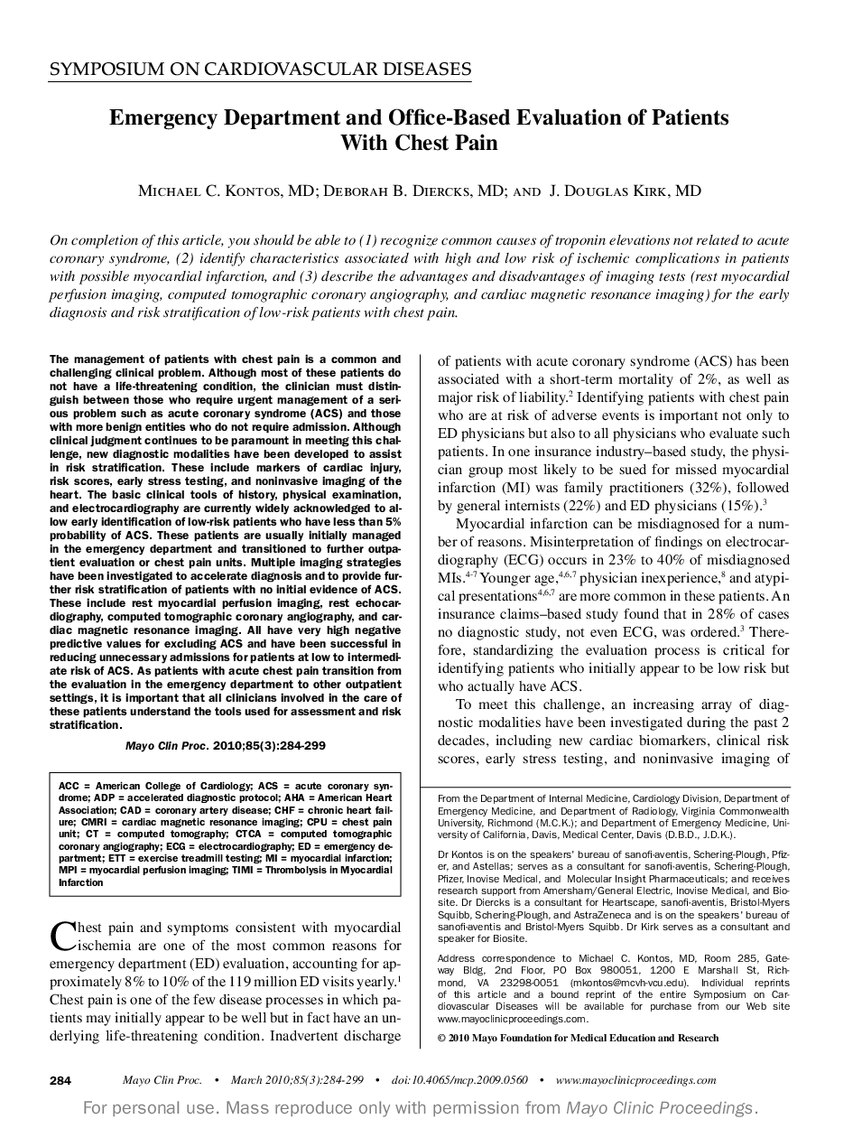 Emergency Department and Office-Based Evaluation of Patients With Chest Pain