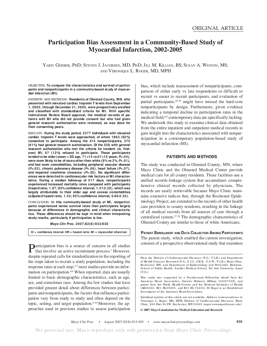 Participation Bias Assessment in a Community-Based Study of Myocardial Infarction, 2002-2005