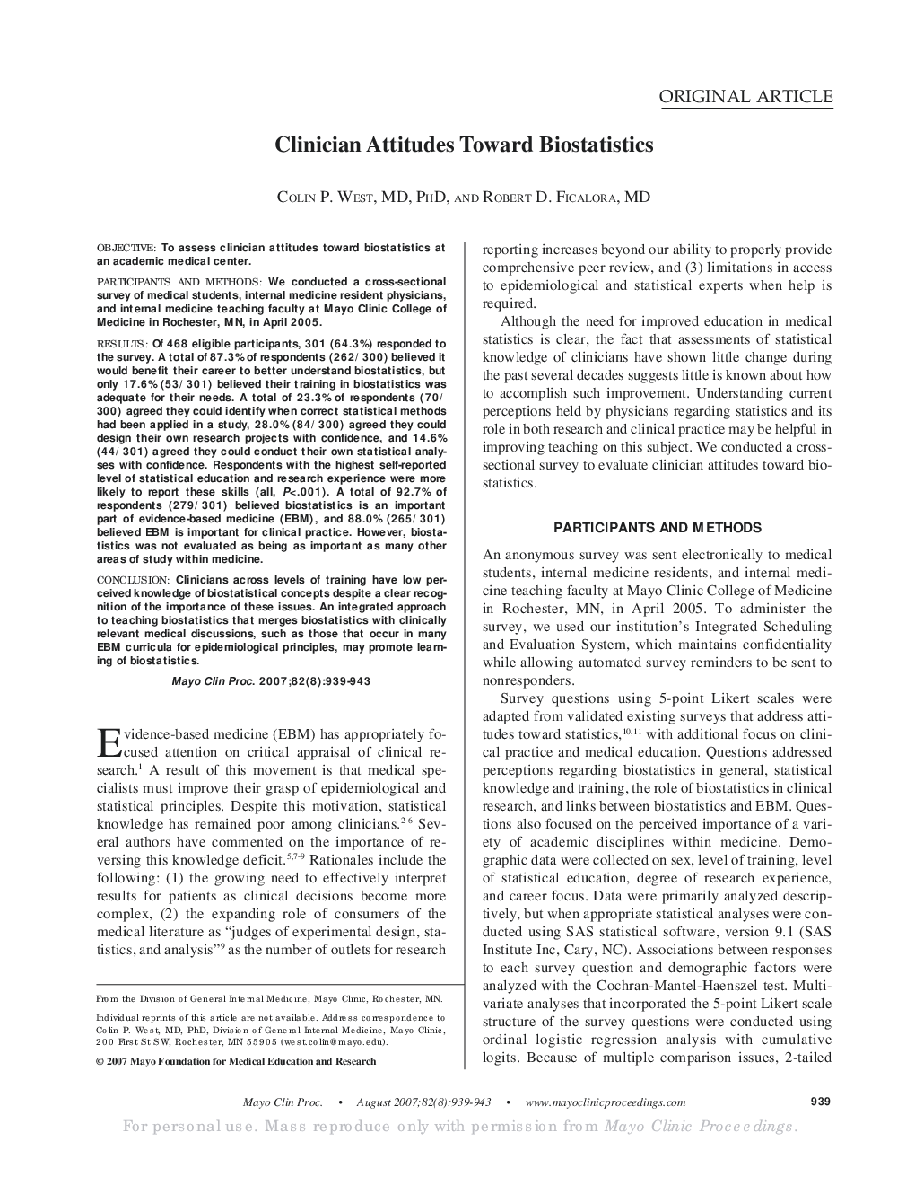 عکس صفحه اول مقاله: Clinician Attitudes Toward Biostatistics Clinician Attitudes Toward Biostatistics