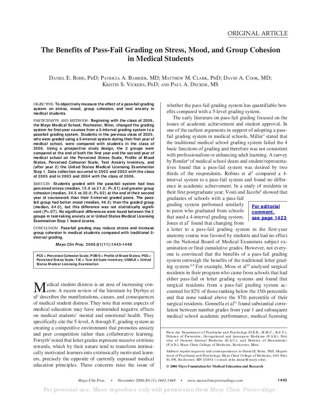 The Benefits of Pass-Fail Grading on Stress, Mood, and Group Cohesion in Medical Students