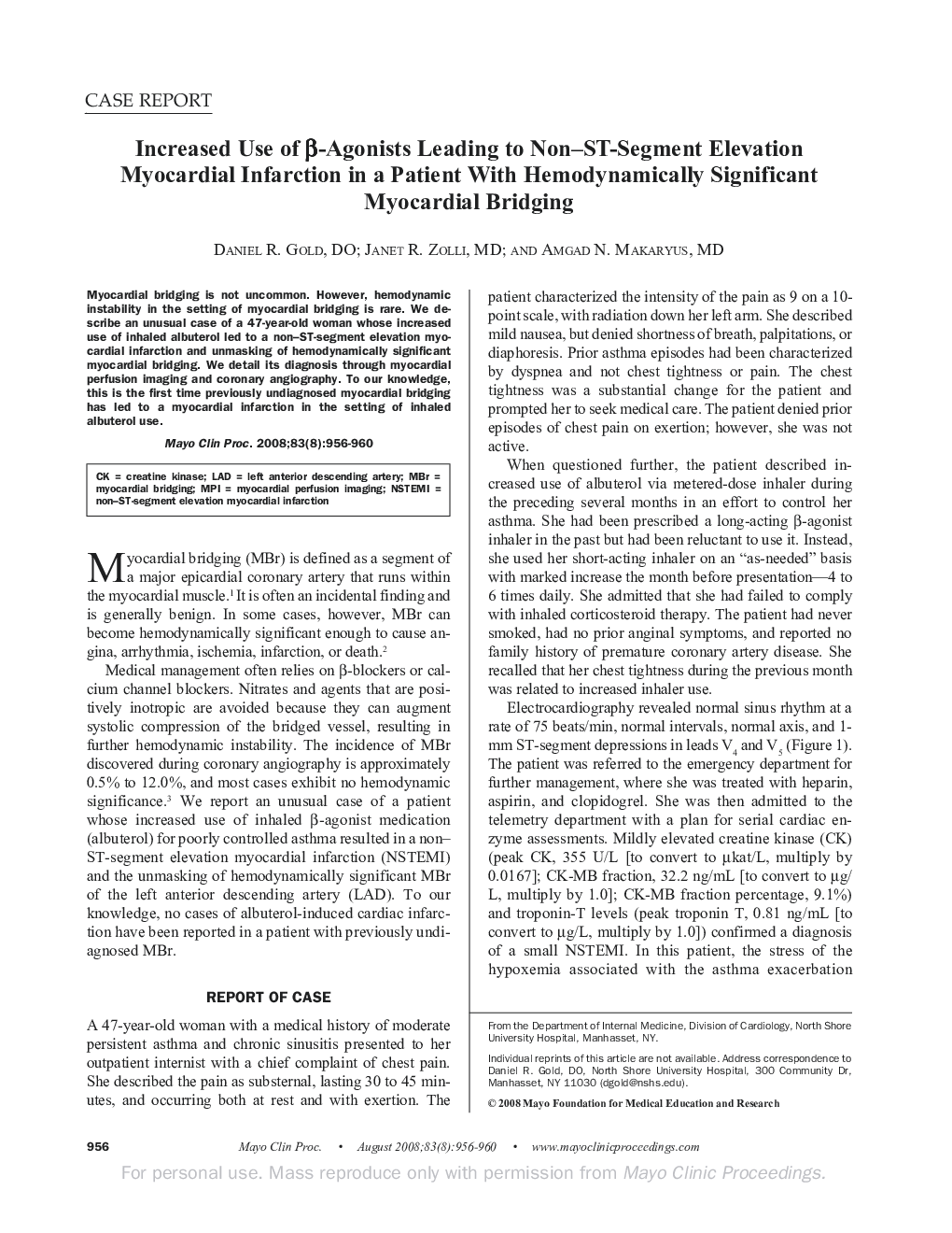 Increased Use of Î²-Agonists Leading to Non-ST-Segment Elevation Myocardial Infarction in a Patient With Hemodynamically Significant Myocardial Bridging