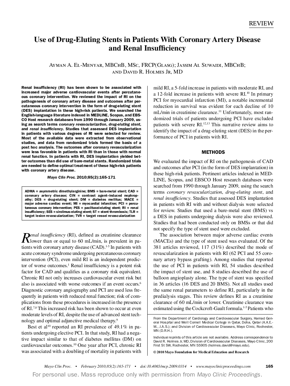 Use of Drug-Eluting Stents in Patients With Coronary Artery Disease and Renal Insufficiency