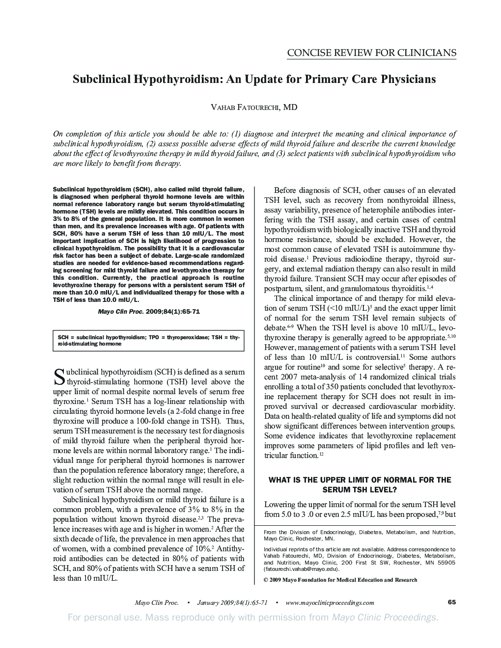 Subclinical Hypothyroidism: An Update for Primary Care Physicians
