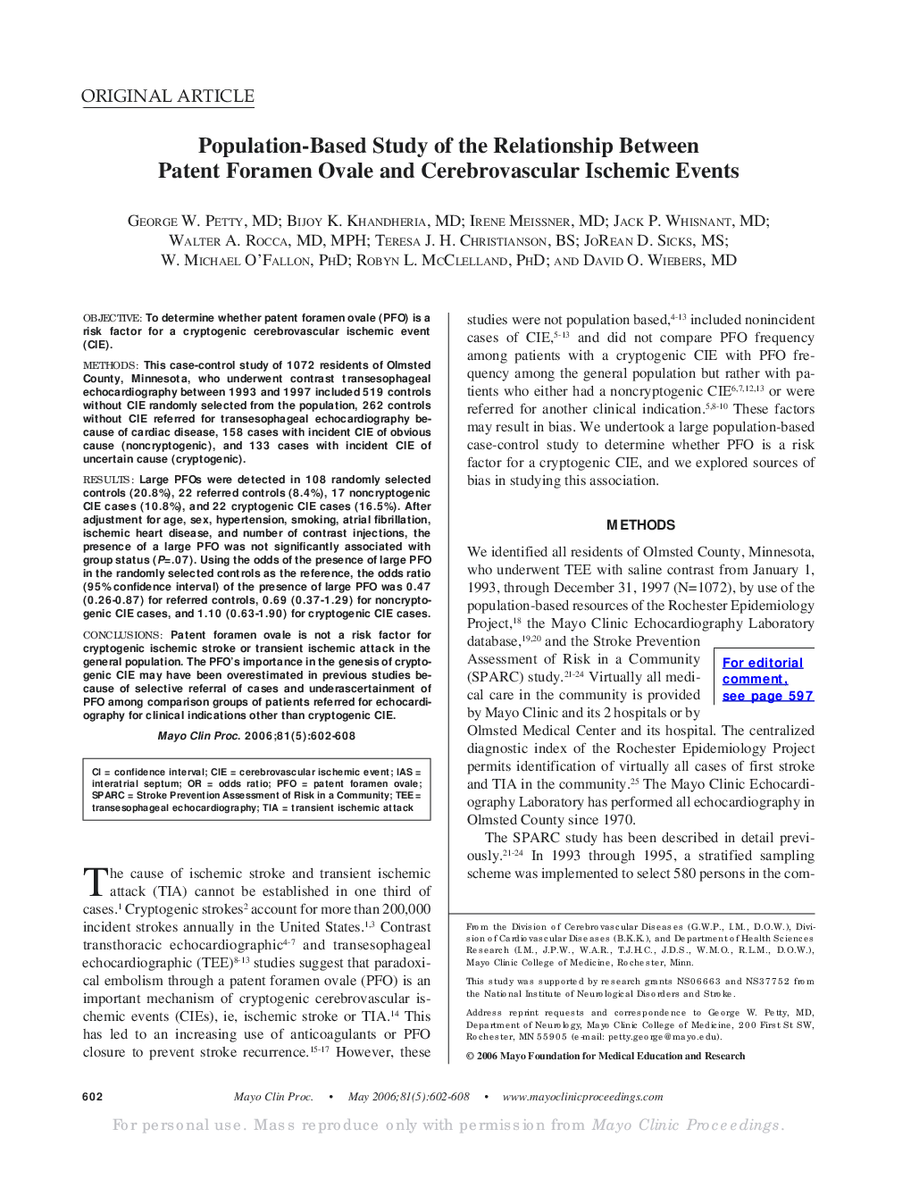 Population-Based Study of the Relationship Between Patent Foramen Ovale and Cerebrovascular Ischemic Events