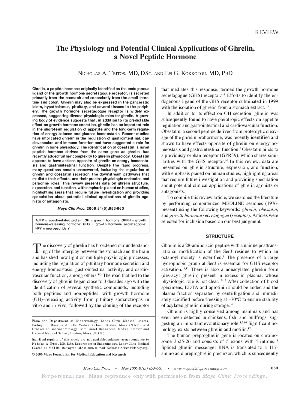 The Physiology and Potential Clinical Applications of Ghrelin, a Novel Peptide Hormone