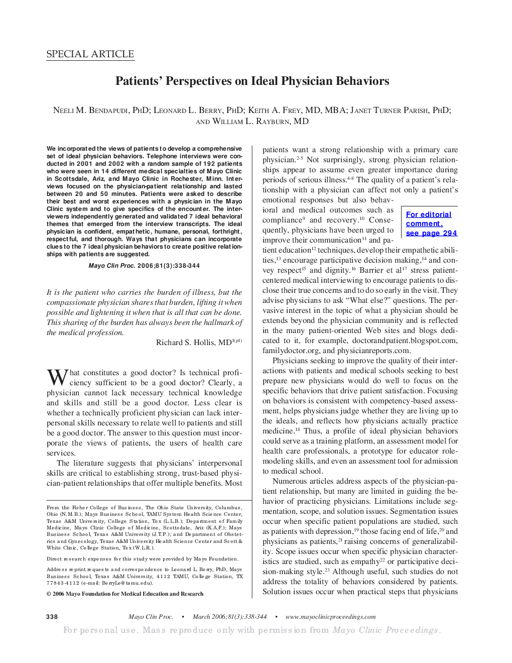 Patients' Perspectives on Ideal Physician Behaviors