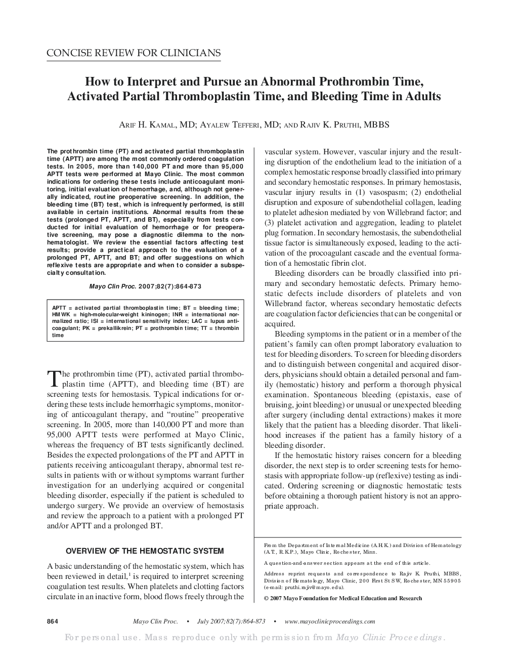 How to Interpret and Pursue an Abnormal Prothrombin Time, Activated Partial Thromboplastin Time, and Bleeding Time in Adults