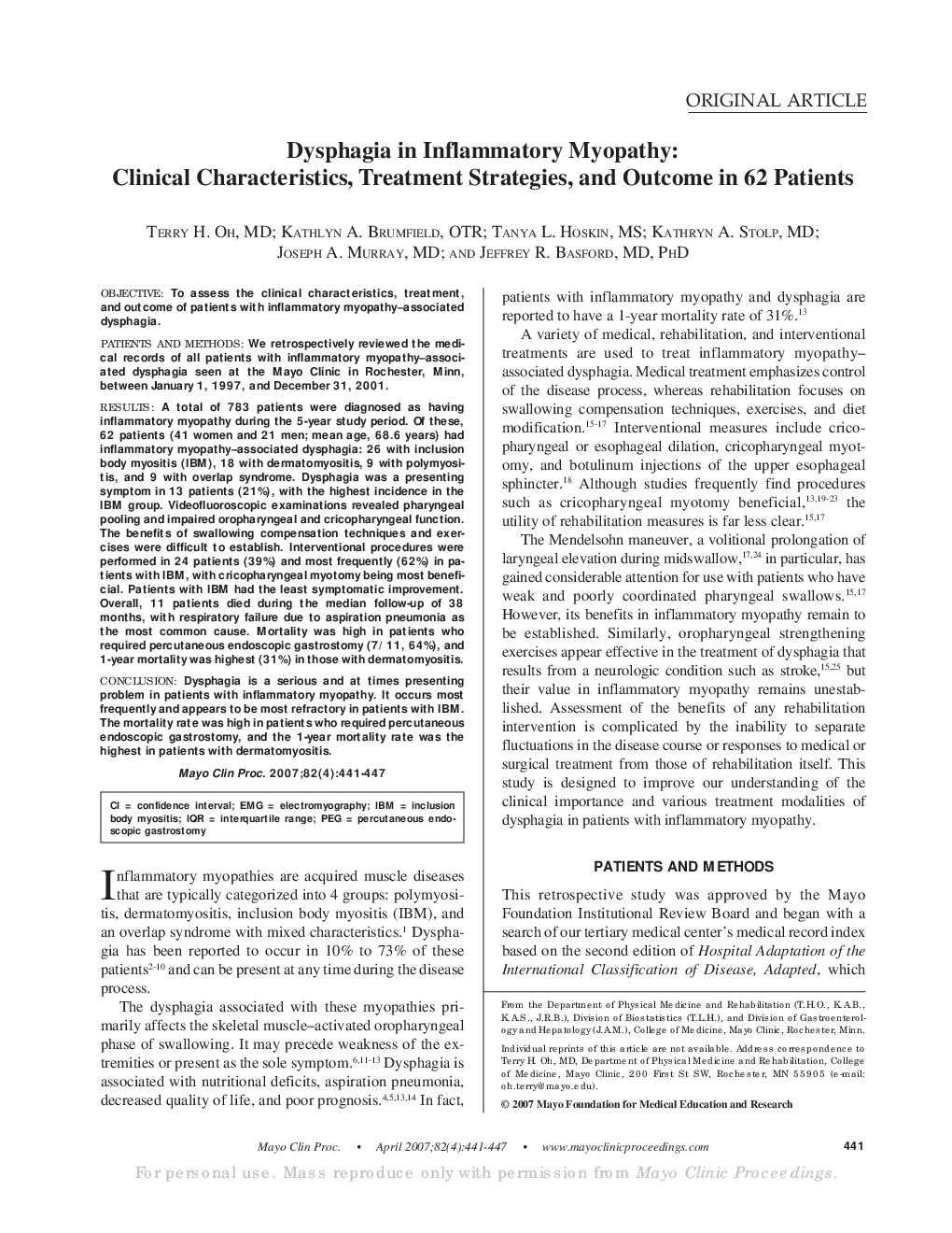 Dysphagia in Inflammatory Myopathy: Clinical Characteristics, Treatment Strategies, and Outcome in 62 Patients