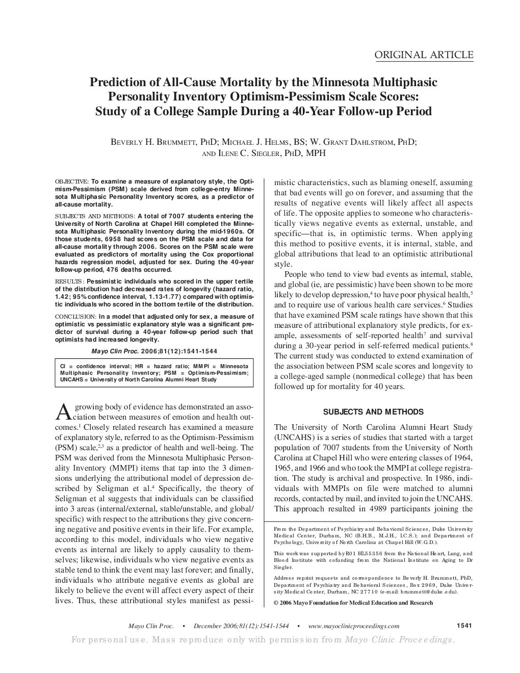 Prediction of All-Cause Mortality by the Minnesota Multiphasic Personality Inventory Optimism-Pessimism Scale Scores: Study of a College Sample During a 40-Year Follow-up Period