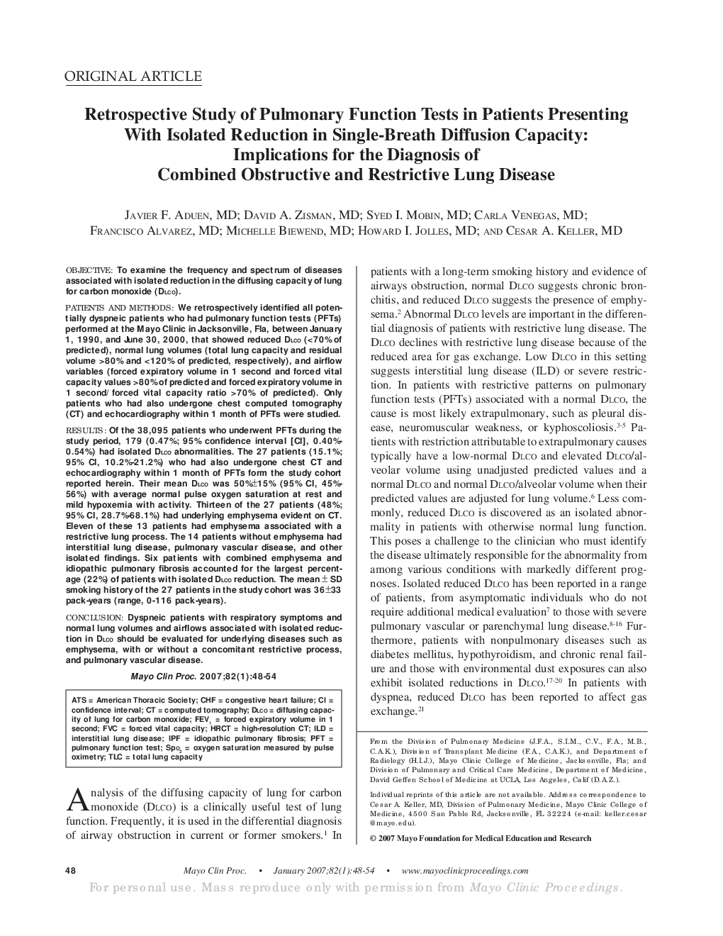 Retrospective Study of Pulmonary Function Tests in Patients Presenting With Isolated Reduction in Single-Breath Diffusion Capacity: Implications for the Diagnosis of Combined Obstructive and Restrictive Lung Disease