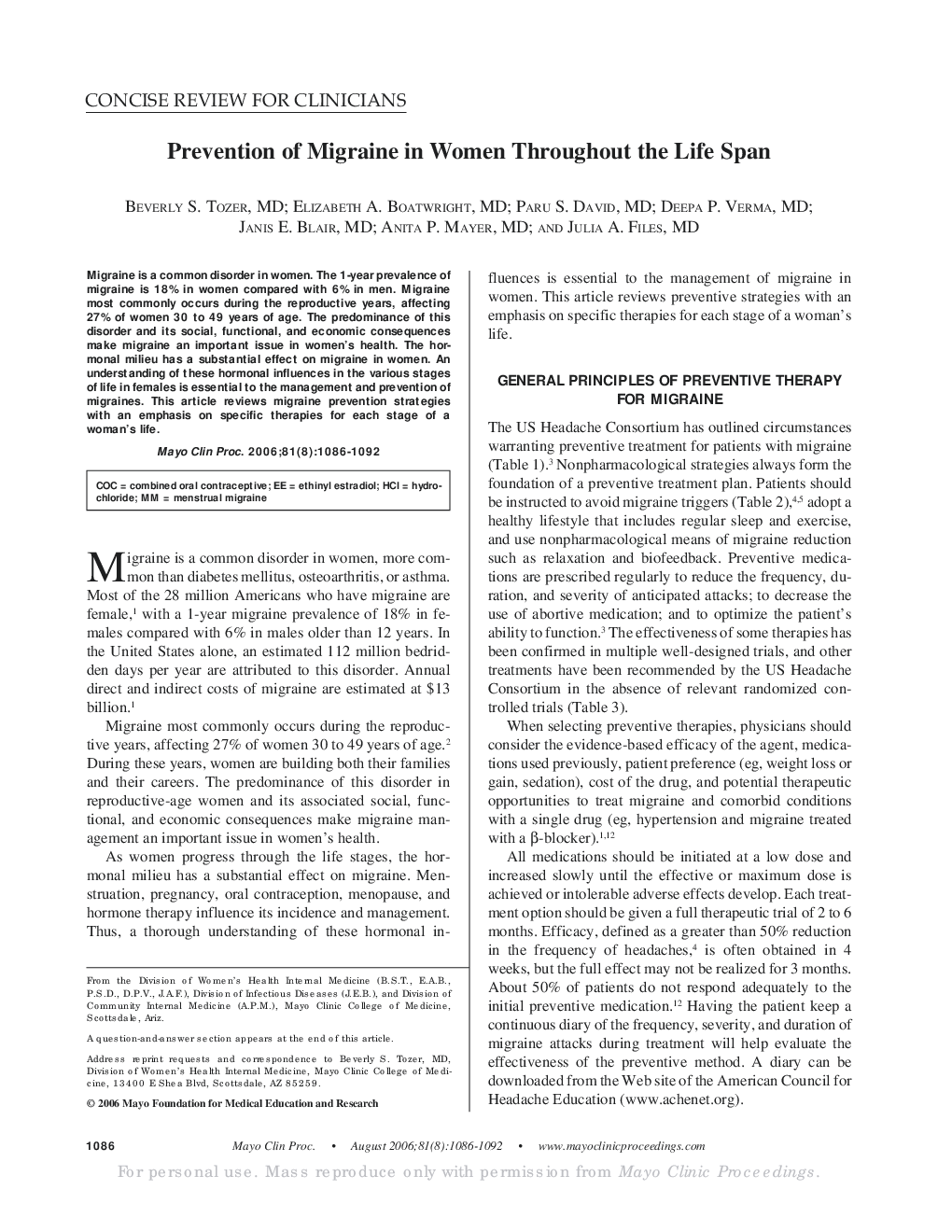 Prevention of Migraine in Women Throughout the Life Span