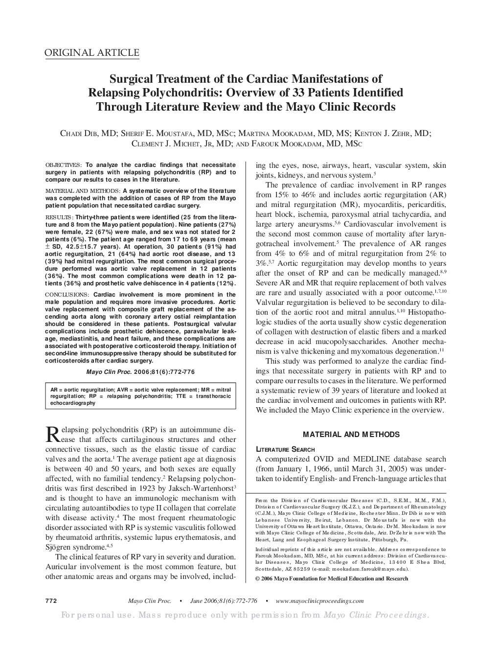 Surgical Treatment of the Cardiac Manifestations of Relapsing Polychondritis: Overview of 33 Patients Identified Through Literature Review and the Mayo Clinic Records