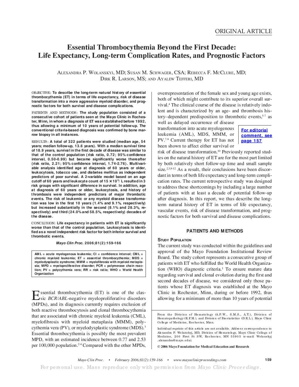 Essential Thrombocythemia Beyond the First Decade: Life Expectancy, Long-term Complication Rates, and Prognostic Factors