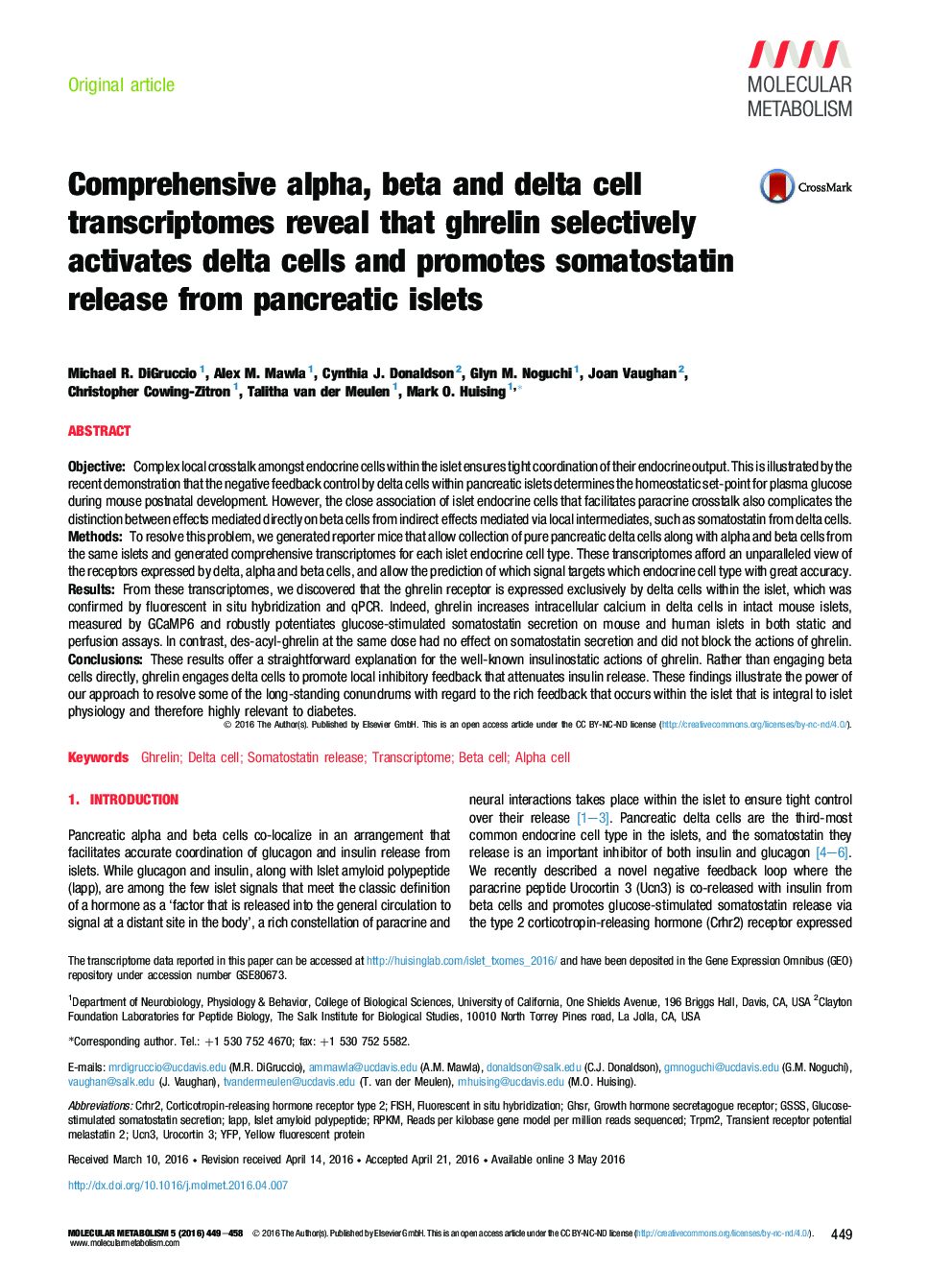 Comprehensive alpha, beta and delta cell transcriptomes reveal that ghrelin selectively activates delta cells and promotes somatostatin release from pancreatic islets 
