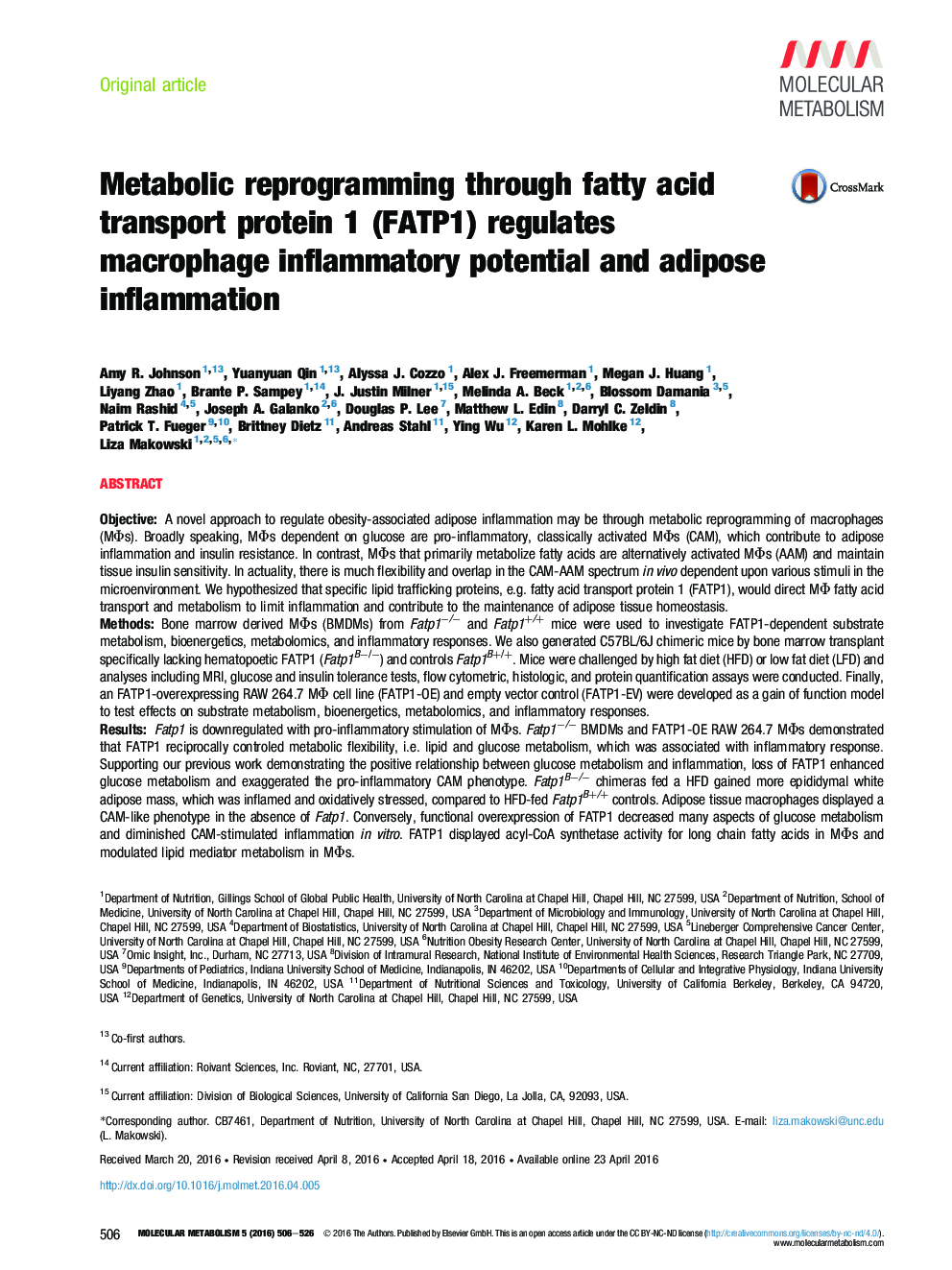 Metabolic reprogramming through fatty acid transport protein 1 (FATP1) regulates macrophage inflammatory potential and adipose inflammation