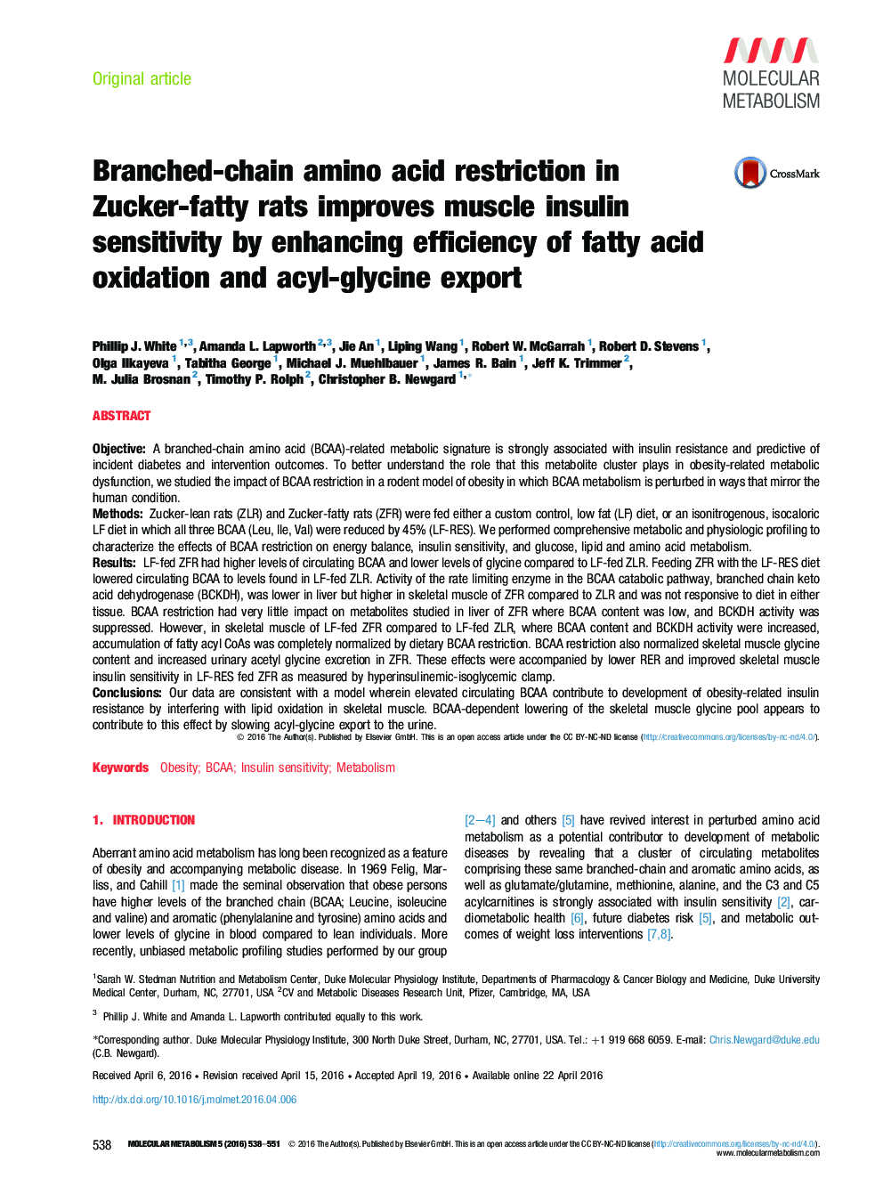 Branched-chain amino acid restriction in Zucker-fatty rats improves muscle insulin sensitivity by enhancing efficiency of fatty acid oxidation and acyl-glycine export