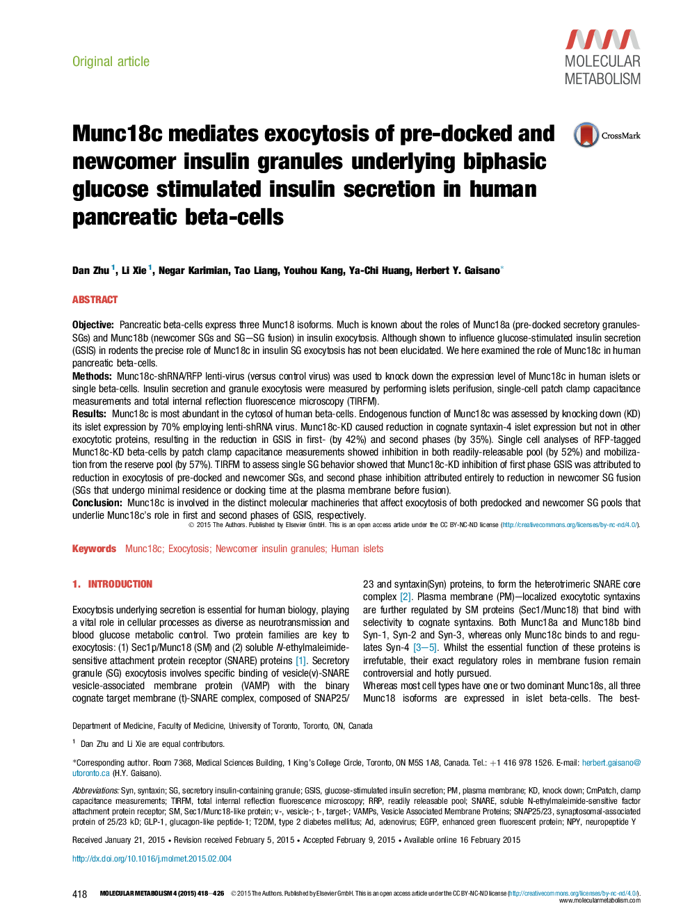 Munc18c mediates exocytosis of pre-docked and newcomer insulin granules underlying biphasic glucose stimulated insulin secretion in human pancreatic beta-cells