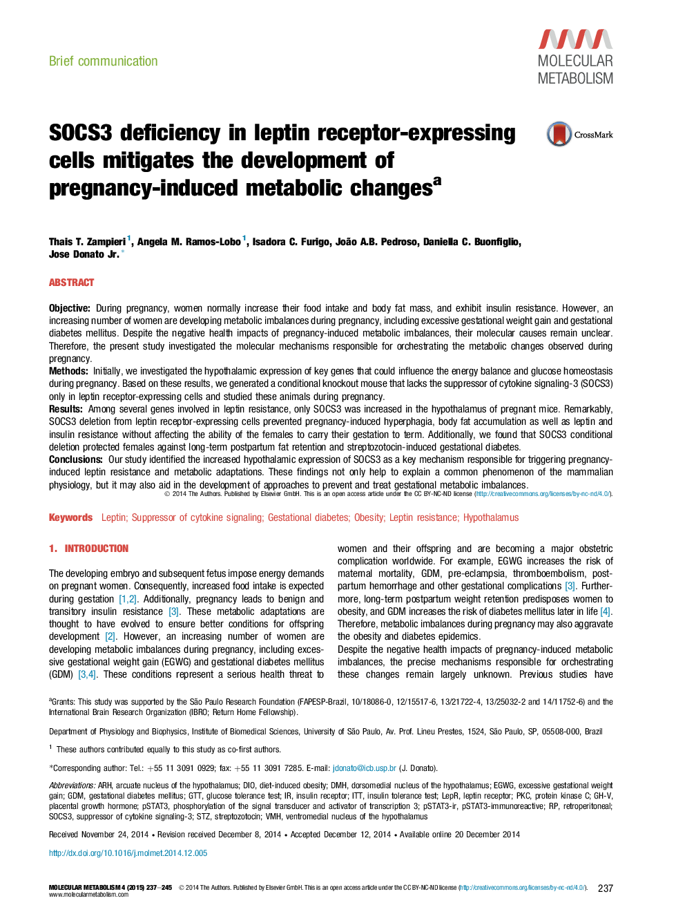 SOCS3 deficiency in leptin receptor-expressing cells mitigates the development of pregnancy-induced metabolic changes a