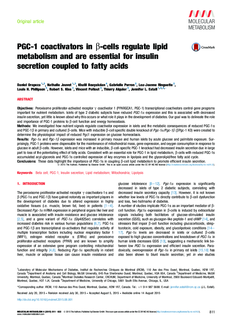 PGC-1 coactivators in β-cells regulate lipid metabolism and are essential for insulin secretion coupled to fatty acids