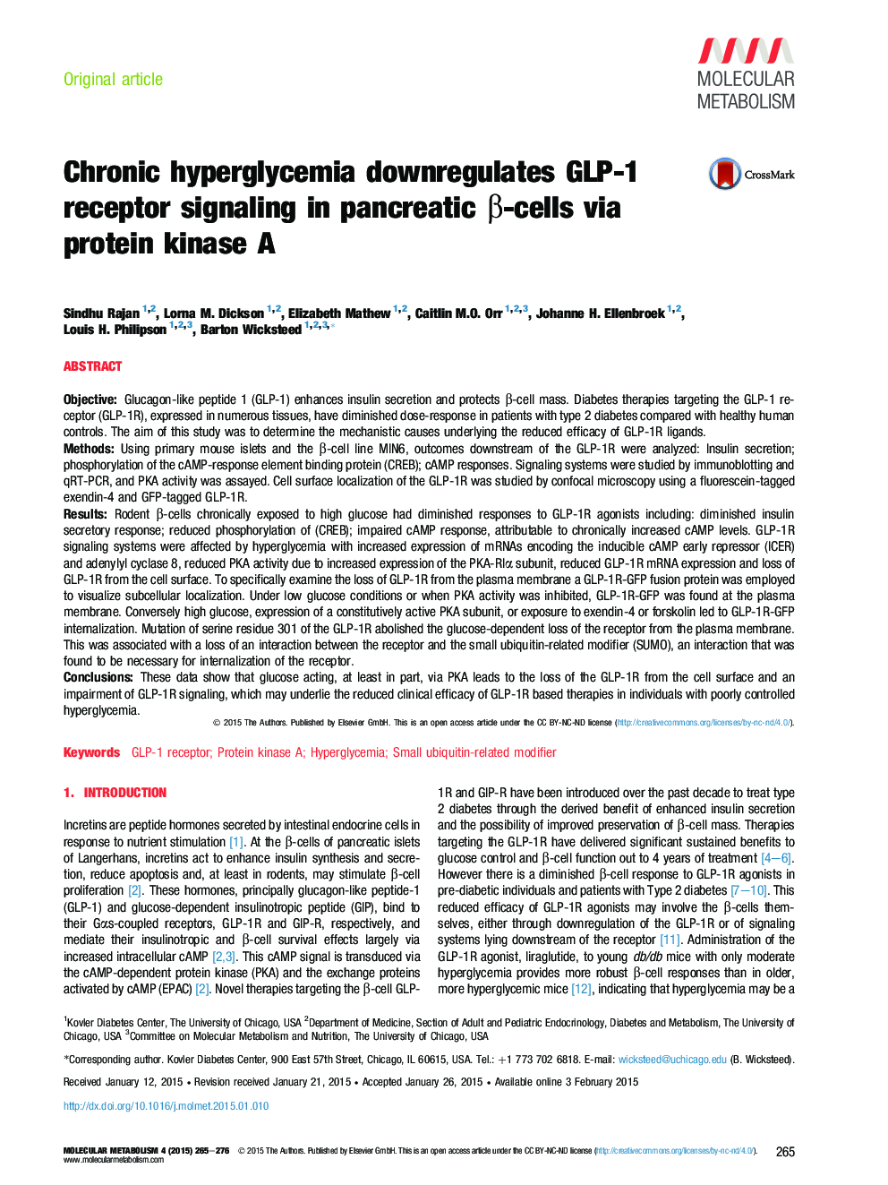 Chronic hyperglycemia downregulates GLP-1 receptor signaling in pancreatic β-cells via protein kinase A