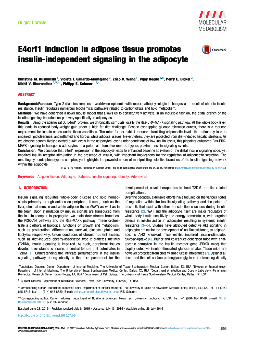 E4orf1 induction in adipose tissue promotes insulin-independent signaling in the adipocyte