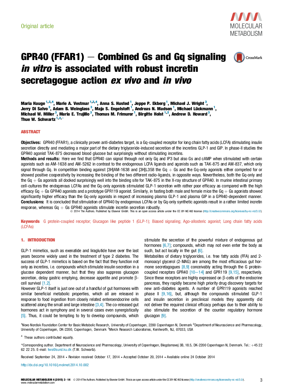 GPR40 (FFAR1) – Combined Gs and Gq signaling in vitro is associated with robust incretin secretagogue action ex vivo and in vivo