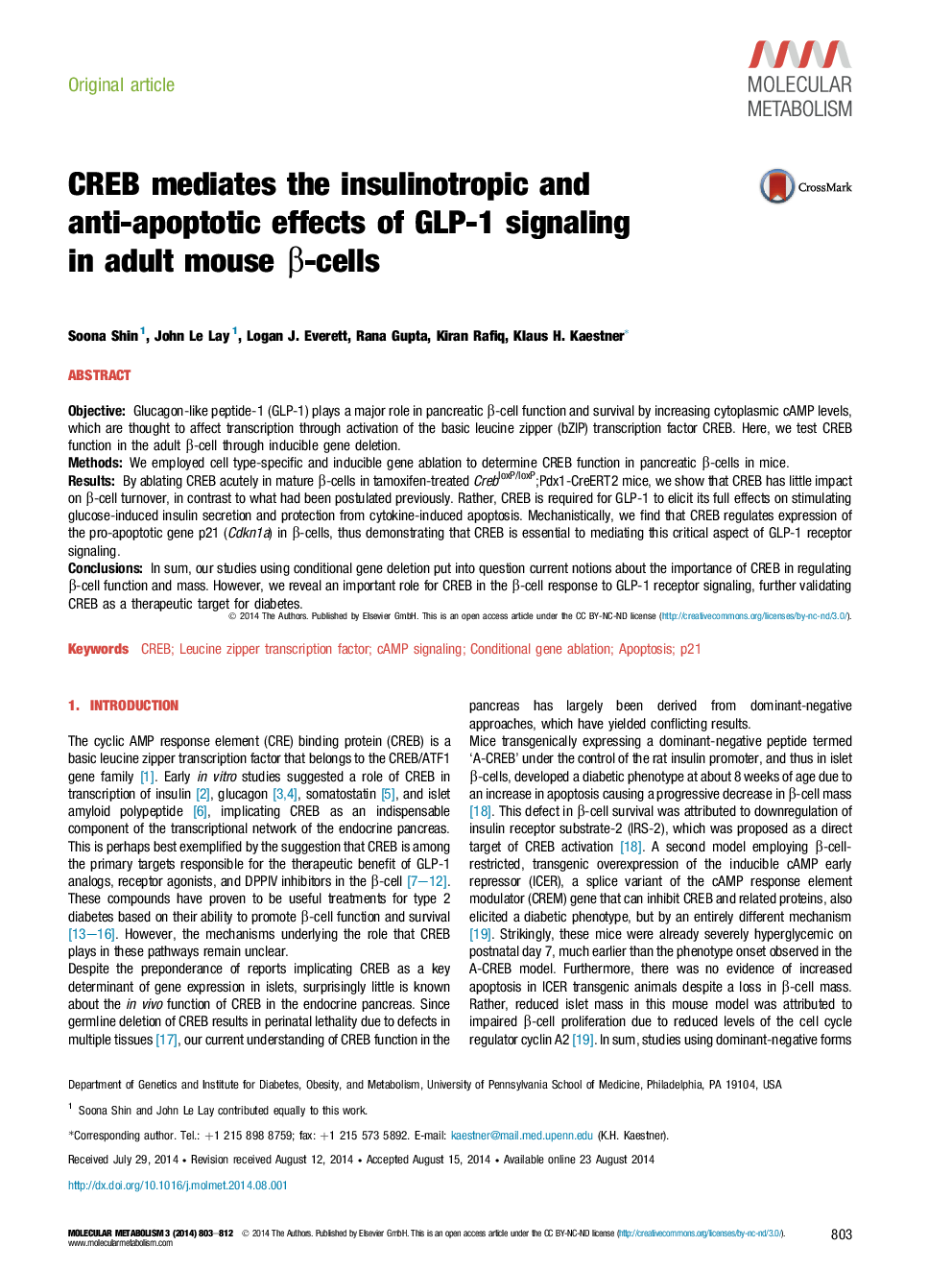 CREB mediates the insulinotropic and anti-apoptotic effects of GLP-1 signaling in adult mouse β-cells