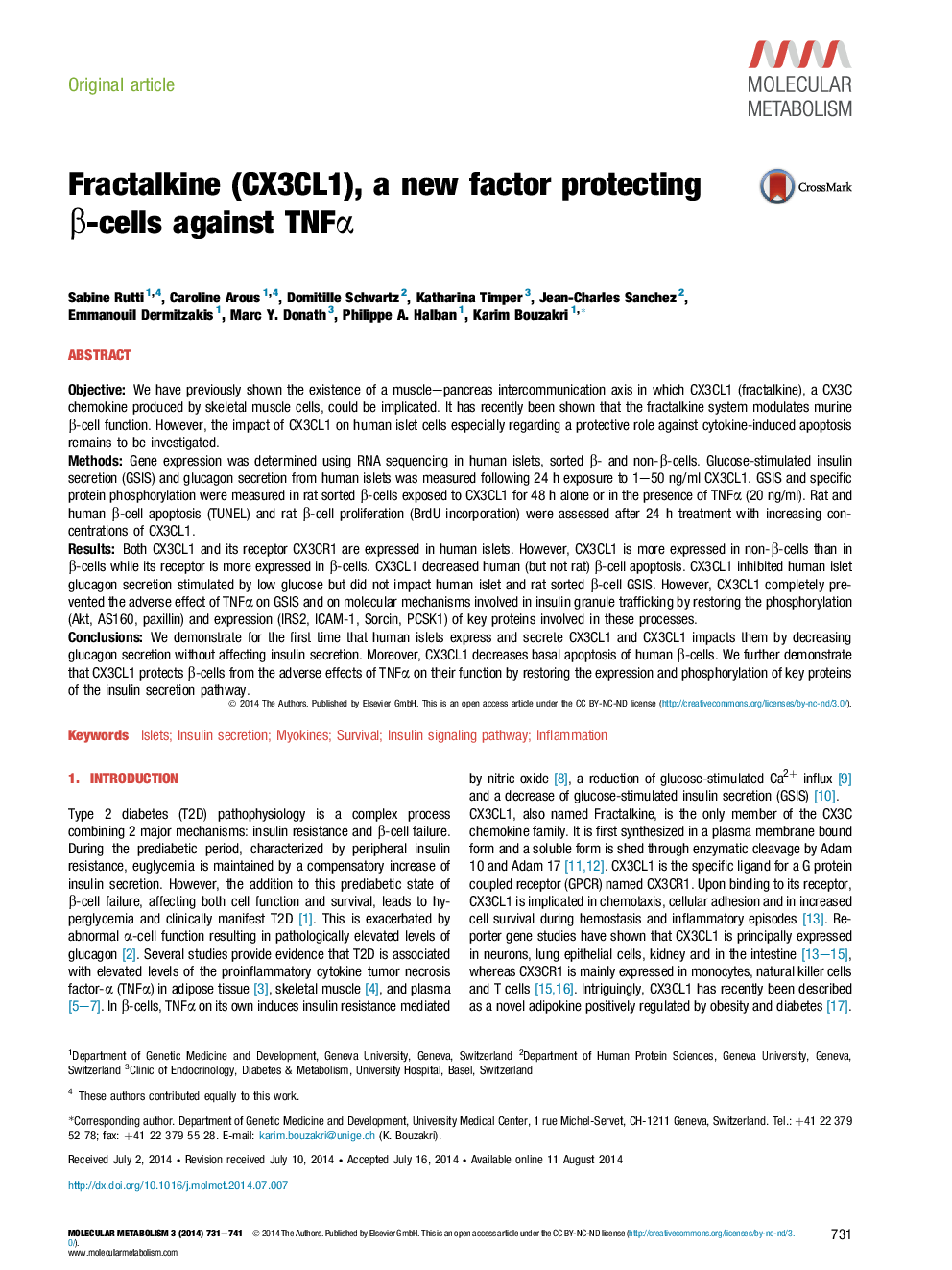 Fractalkine (CX3CL1), a new factor protecting β-cells against TNFα