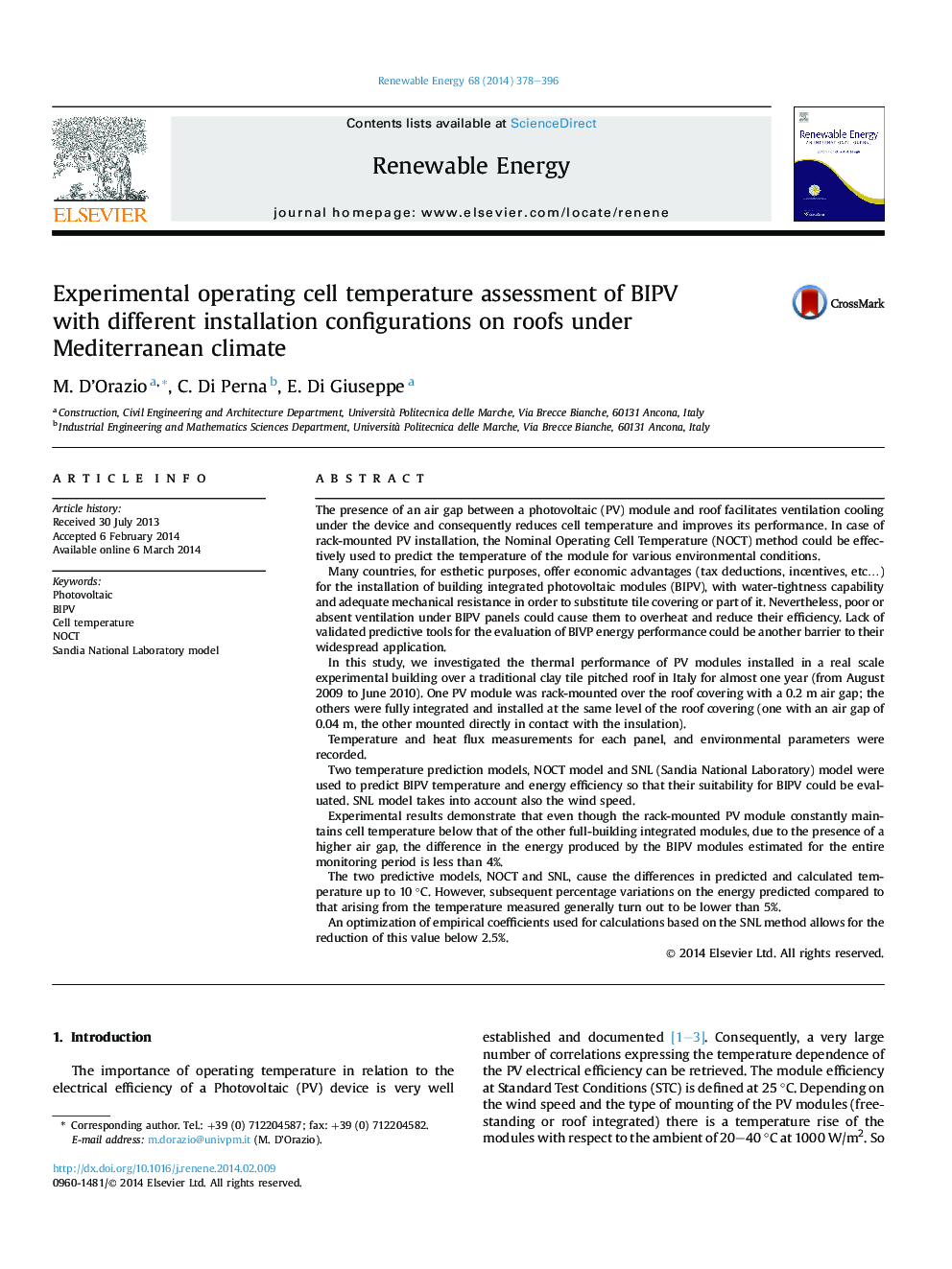 Experimental operating cell temperature assessment of BIPV with different installation configurations on roofs under Mediterranean climate